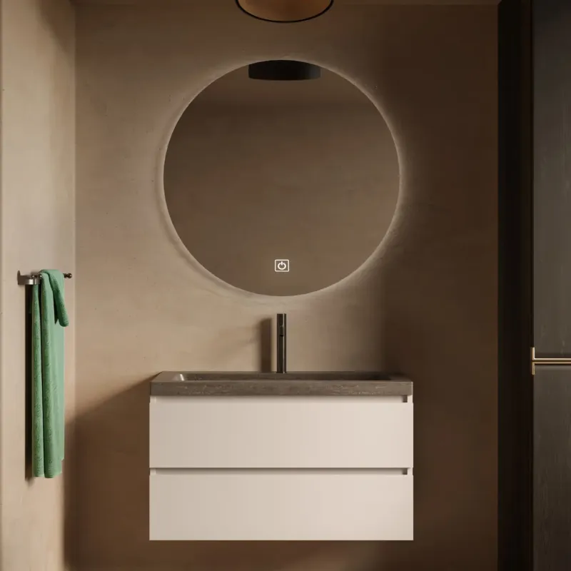 Gereduceerde Prijs Fontana Freestone badkamermeubel warm linnen 100cm met natuurstenen wastafel 1 kraangat en ronde spiegel