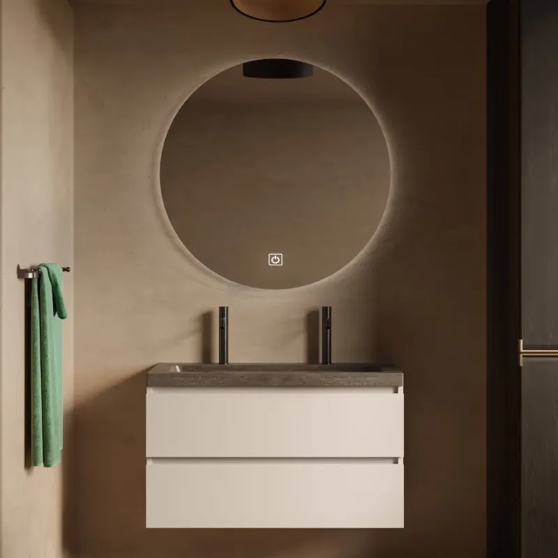 Aanbieding Fontana Freestone badkamermeubel warm linnen 100cm met natuurstenen wastafel 2 kraangaten en ronde spiegel