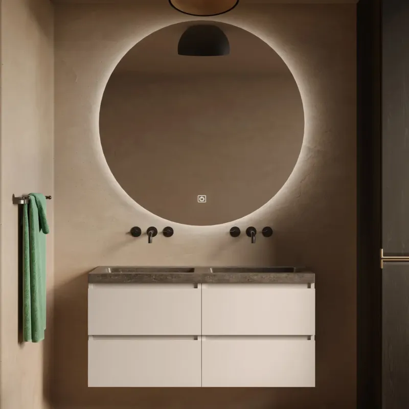 Populair Fontana Freestone badkamermeubel warm linnen 120cm met natuurstenen wastafel zonder kraangat en ronde spiegel