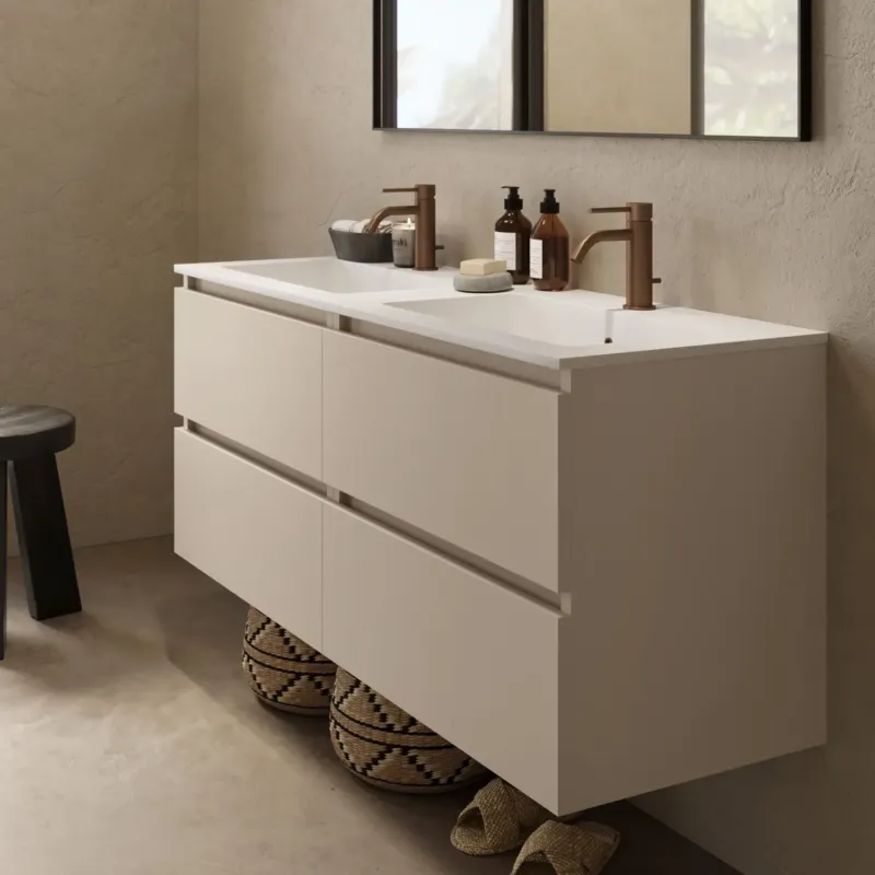 Fontana Cosmos badmeubel 120cm met dubbele wastafel en kraangaten warm linnen Express Levering