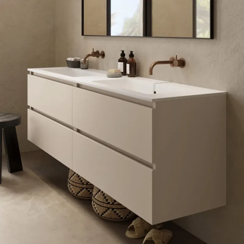 Fontana Cosmos badmeubel 160cm met dubbele wastafel zonder kraangaten warm linnen Superprijs