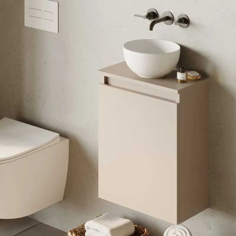 Finale Uitverkoop Fontana Bano toiletmeubel warm linnen 40x22cm met glans witte waskom