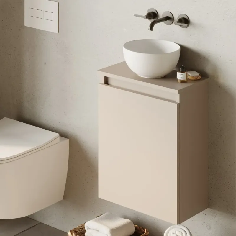 Fontana Bano toiletmeubel warm linnen 40x22cm met mat witte waskom Meest Verkocht