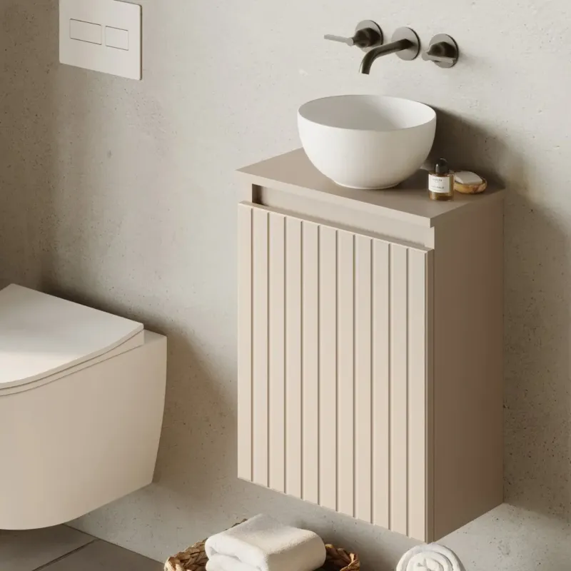 Fontana Bano toiletmeubel ribbelfront warm linnen 40x22cm met mat witte waskom Gecertificeerd