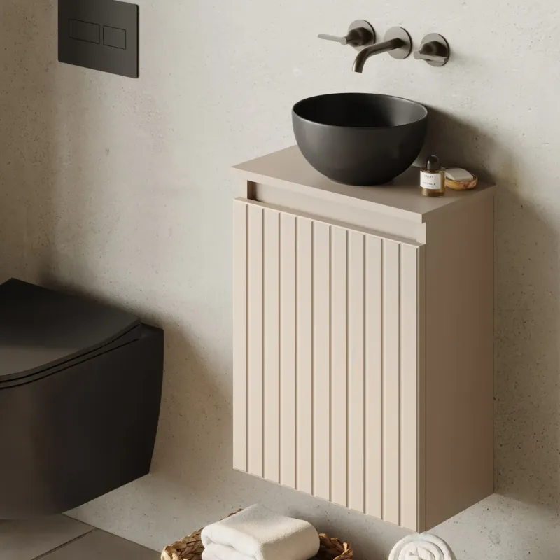 Fontana Bano toiletmeubel ribbelfront warm linnen 40x22cm met mat zwarte waskom Shop Nu