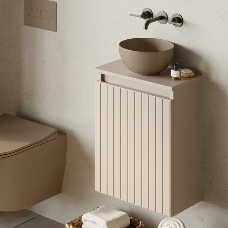 Fontana Bano toiletmeubel ribbelfront warm linnen 40x22cm met waskom in taupe Op = Op
