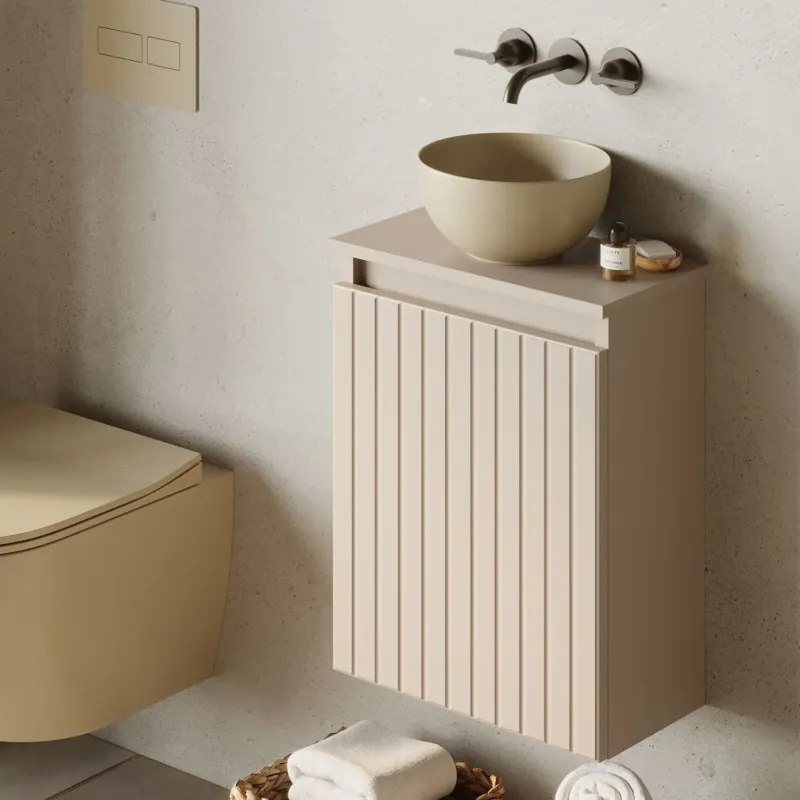 Fontana Bano toiletmeubel ribbelfront warm linnen 40x22cm met waskom in licht ivoor Fabrieksprijs