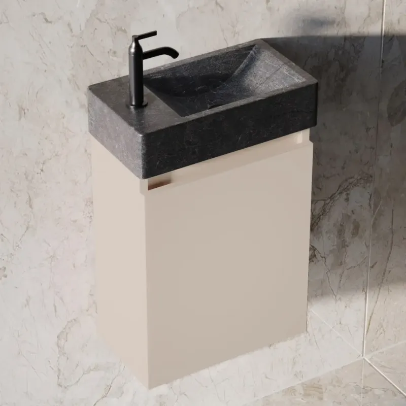 Fontana Recto toiletmeubel warm linnen 40x22cm met natuurstenen fontein links Nieuw