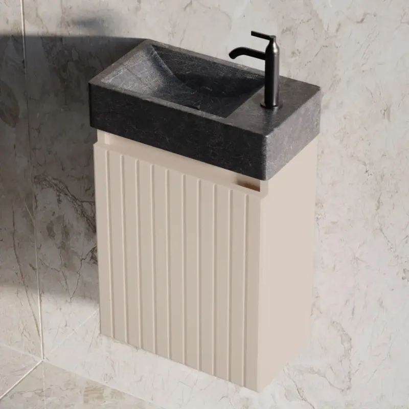 Bestel Nu Fontana Recto toiletmeubel ribbelfront warm linnen 40x22cm met natuurstenen fontein rechts
