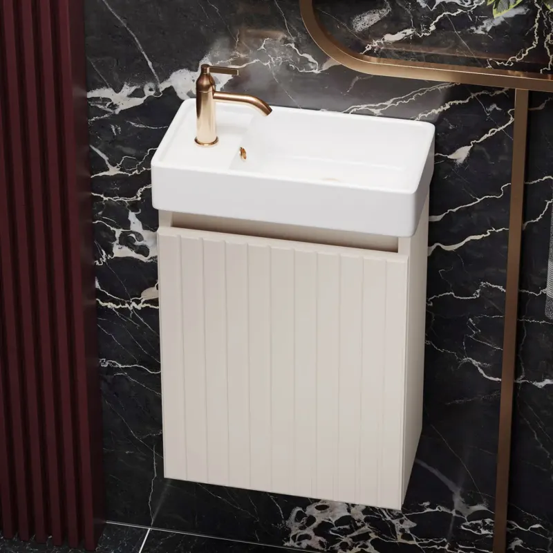 Snelle Levering Fontana Bano toiletmeubel ribbelfront warm linnen 40x22cm met glans witte fontein