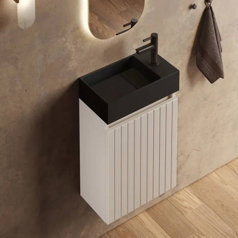 Fontana Itsie toiletmeubel warm linnen ribbelfront 40cm met fontein in mat zwart Exclusieve Aanbieding