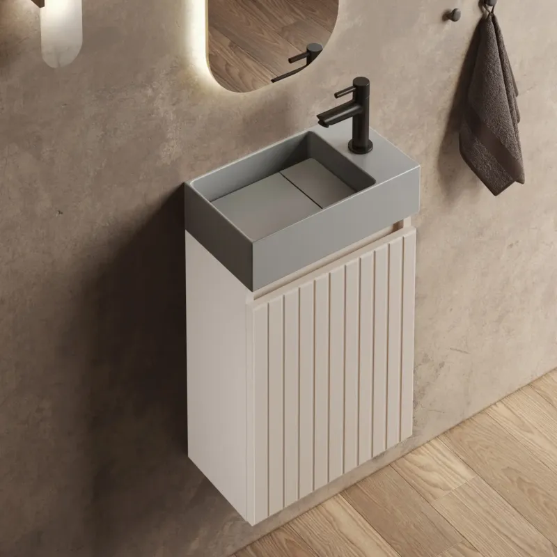 Goedkoop Fontana Itsie toiletmeubel warm linnen ribbelfront 40cm met fontein in mat grijs
