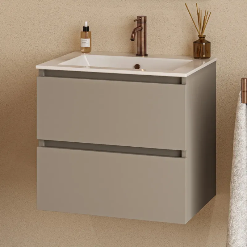 Exclusieve Aanbieding Fontana Rovigo badmeubel 60cm met witte wastafel en kraangat taupe