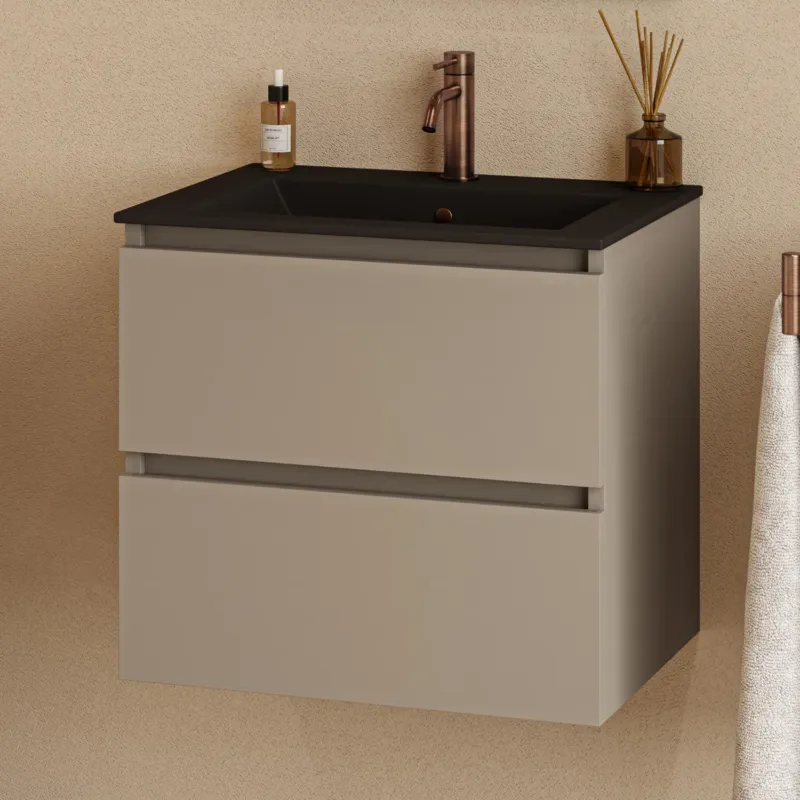 Fontana Rovigo badmeubel 60cm met zwarte wastafel en kraangat taupe Gereduceerde Prijs