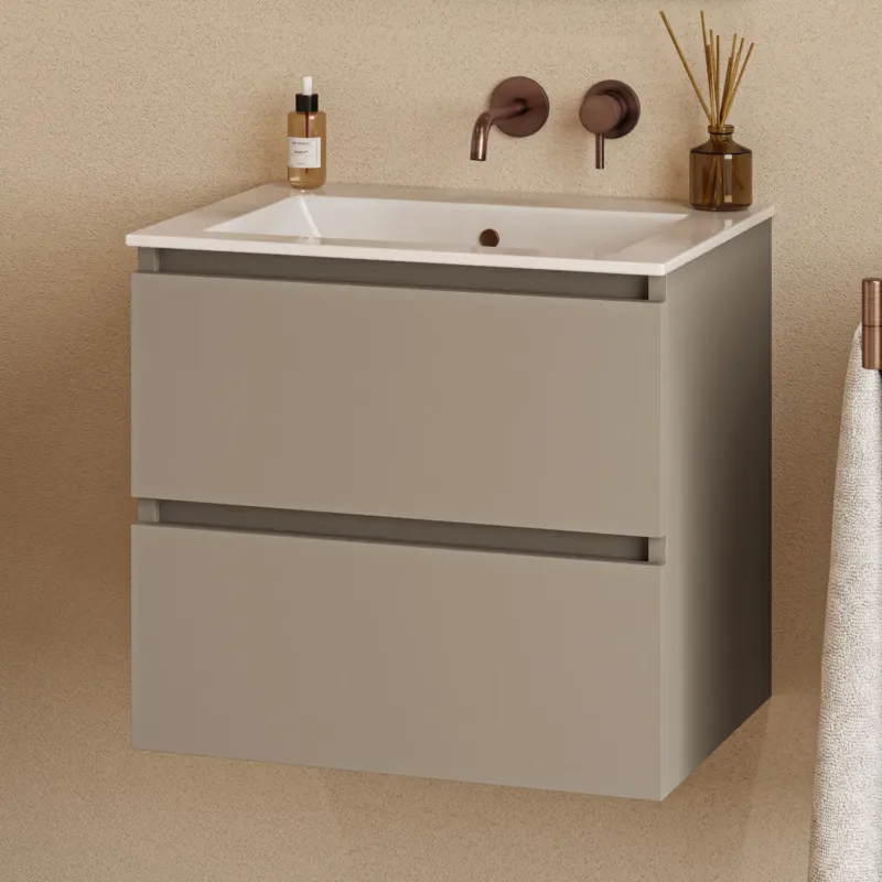 Finale Uitverkoop Fontana Rovigo badmeubel 60cm met witte wastafel zonder kraangat taupe