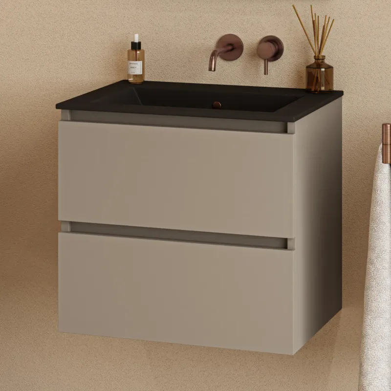Fontana Rovigo badmeubel 60cm met zwarte wastafel zonder kraangat taupe Lage Kosten