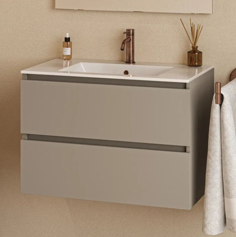 Meest Verkocht Fontana Rovigo badmeubel 80cm met witte wastafel en kraangat taupe