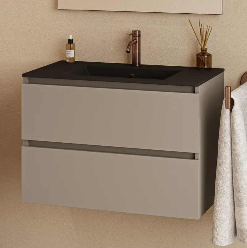 Fontana Rovigo badmeubel 80cm met zwarte wastafel en kraangat taupe Seizoensaanbieding