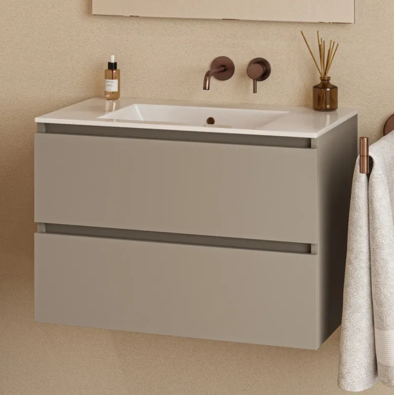 Fontana Rovigo badmeubel 80cm met witte wastafel zonder kraangat taupe Hoge Kwaliteit