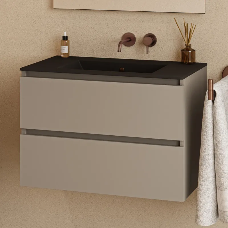 Fontana Rovigo badmeubel 80cm met zwarte wastafel zonder kraangat taupe Direct Verzonden
