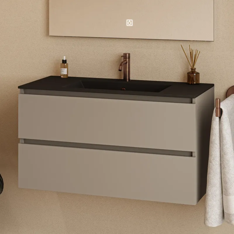 Actieprijs Fontana Rovigo badmeubel 100cm met zwarte wastafel en kraangat taupe