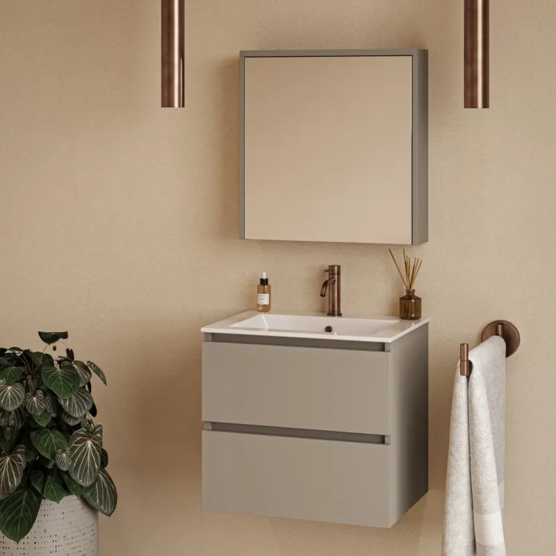 Fontana Rovigo badmeubel 60cm taupe met witte wastafel met kraangat en spiegelkast zonder verlichting Nieuw