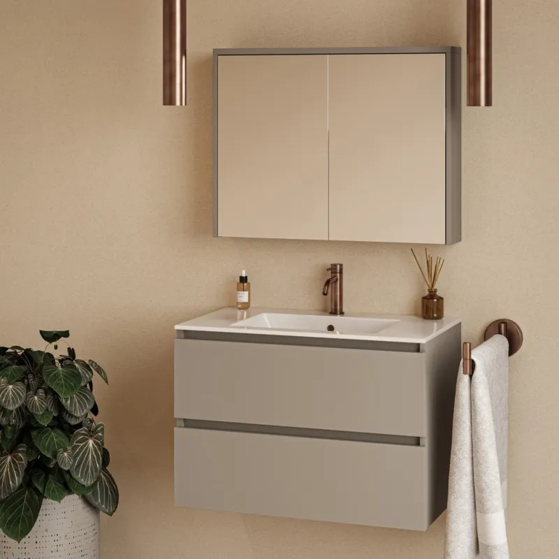 Dagaanbieding Fontana Rovigo badmeubel 80cm taupe met witte wastafel met kraangat en spiegelkast zonder verlichting