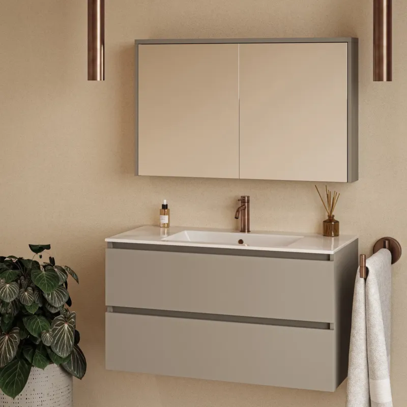 Hete Deal Fontana Rovigo badmeubel 100cm taupe met witte wastafel met kraangat en spiegelkast zonder verlichting