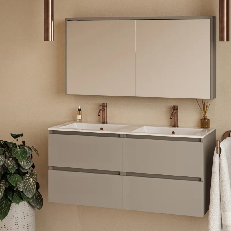 Weekendaanbieding Fontana Rovigo badmeubel 120cm taupe met witte wastafel met kraangaten en spiegelkast zonder verlichting