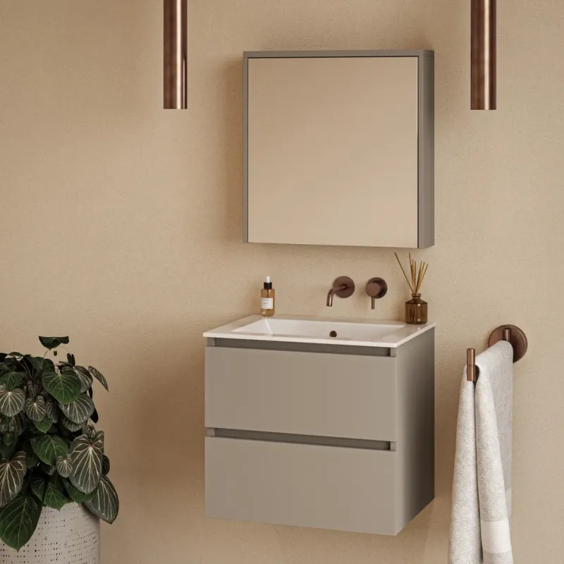 Lage Prijs Fontana Rovigo badmeubel 60cm taupe met witte wastafel zonder kraangat en spiegelkast zonder verlichting