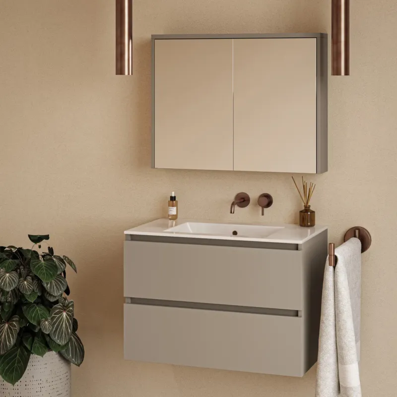 Hoge Kwaliteit Fontana Rovigo badmeubel 80cm taupe met witte wastafel zonder kraangat en spiegelkast zonder verlichting