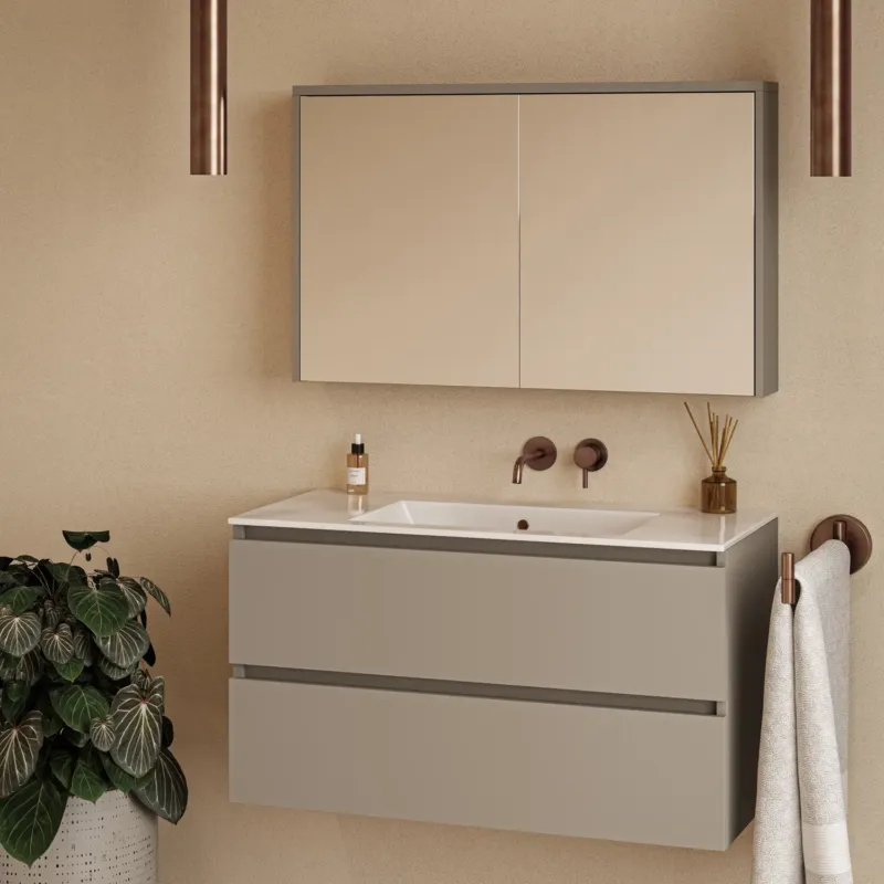 Superprijs Fontana Rovigo badmeubel 100cm taupe met witte wastafel zonder kraangat en spiegelkast zonder verlichting