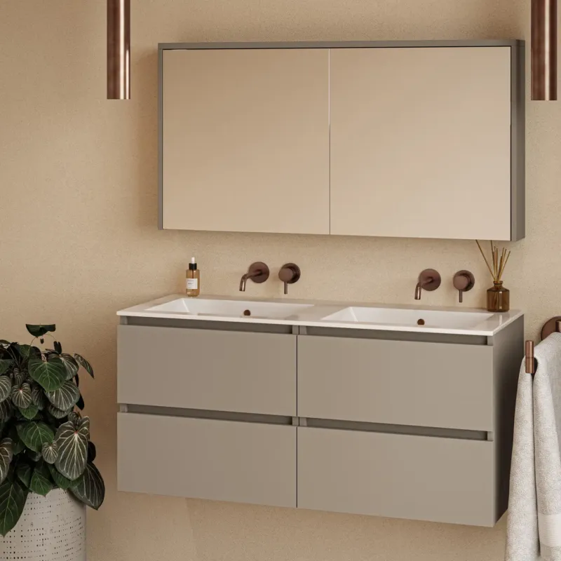 Betrouwbaar Fontana Rovigo badmeubel 120cm taupe met witte wastafel zonder kraangaten en spiegelkast zonder verlichting