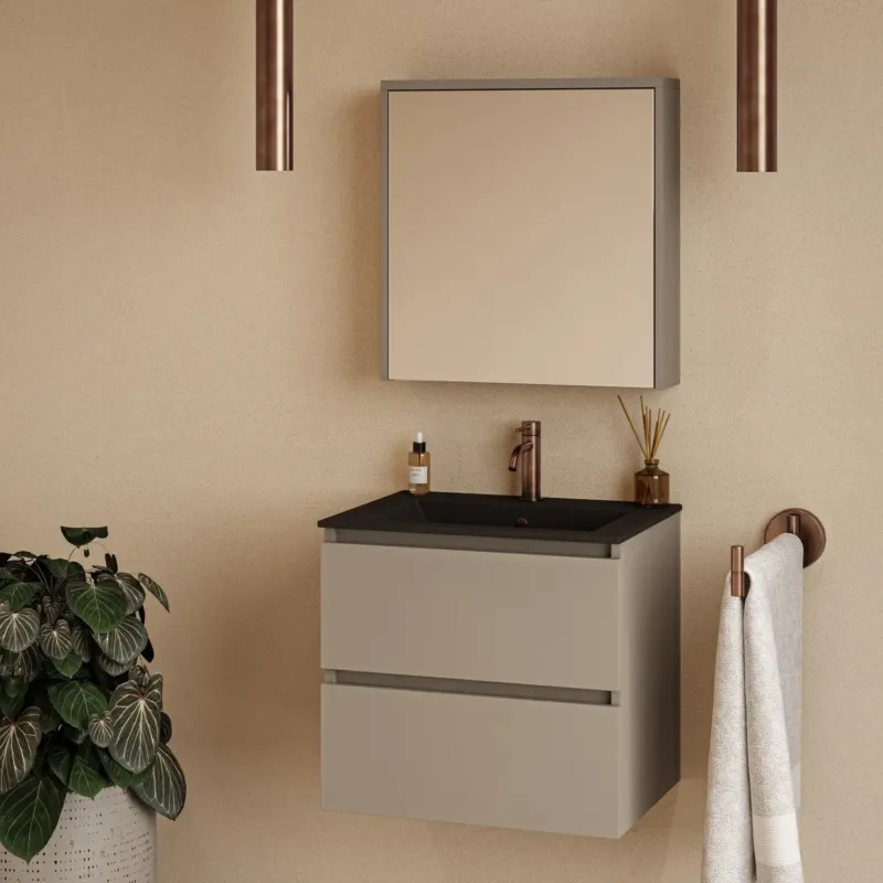 Fontana Rovigo badmeubel 60cm taupe met zwarte wastafel met kraangat en spiegelkast zonder verlichting Direct Beschikbaar
