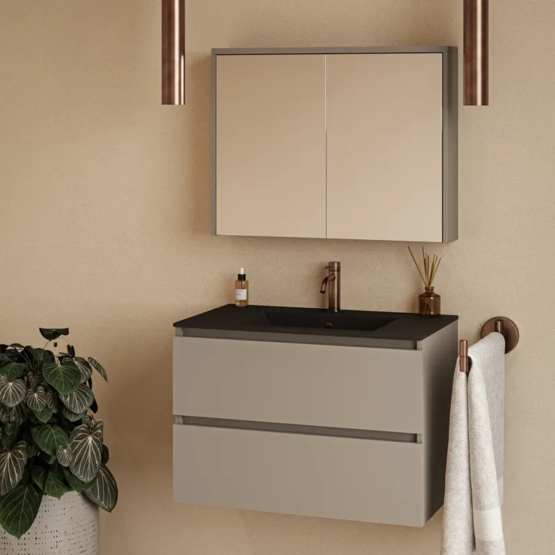 Superprijs Fontana Rovigo badmeubel 80cm taupe met zwarte wastafel met kraangat en spiegelkast zonder verlichting