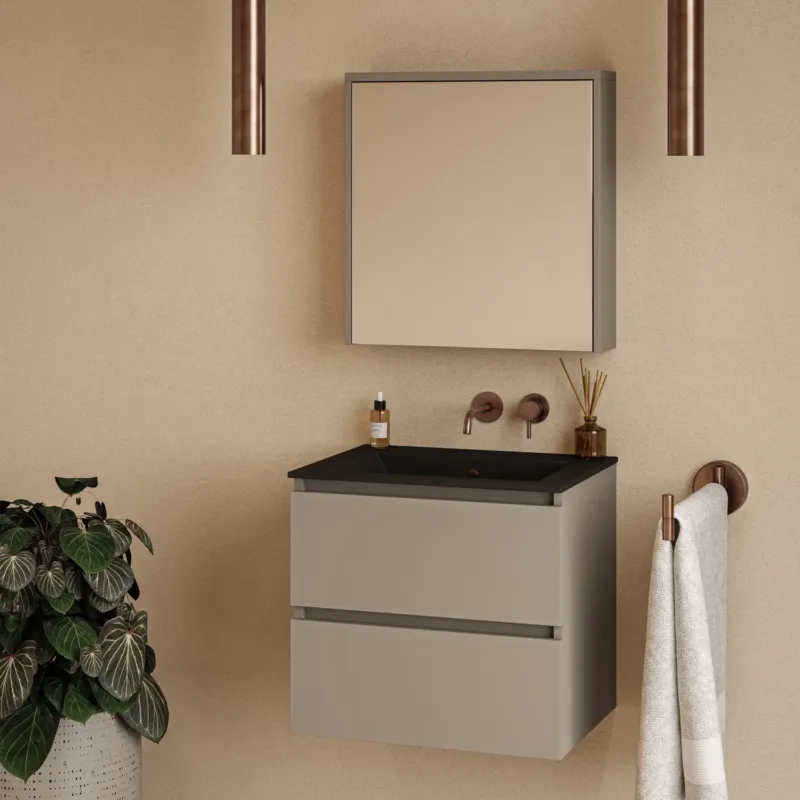 Tijdelijk Beschikbaar Fontana Rovigo badmeubel 60cm taupe met zwarte wastafel zonder kraangat en spiegelkast zonder verlichting