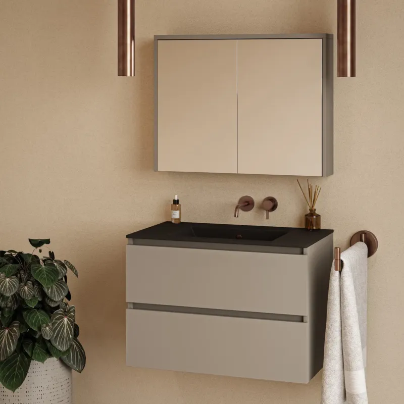 Op = Op Fontana Rovigo badmeubel 80cm taupe met zwarte wastafel zonder kraangat en spiegelkast zonder verlichting