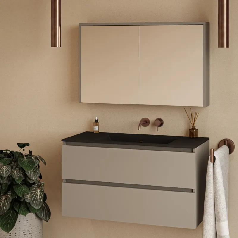 Nu Kopen Fontana Rovigo badmeubel 100cm taupe met zwarte wastafel zonder kraangat en spiegelkast zonder verlichting