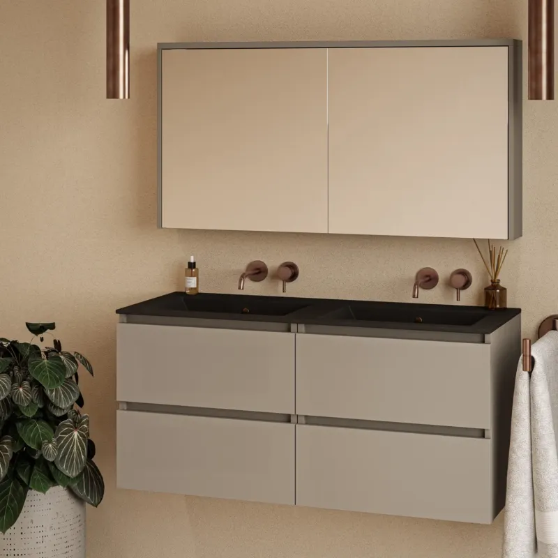 Beste Prijs Fontana Rovigo badmeubel 120cm taupe met zwarte wastafel zonder kraangaten en spiegelkast zonder verlichting