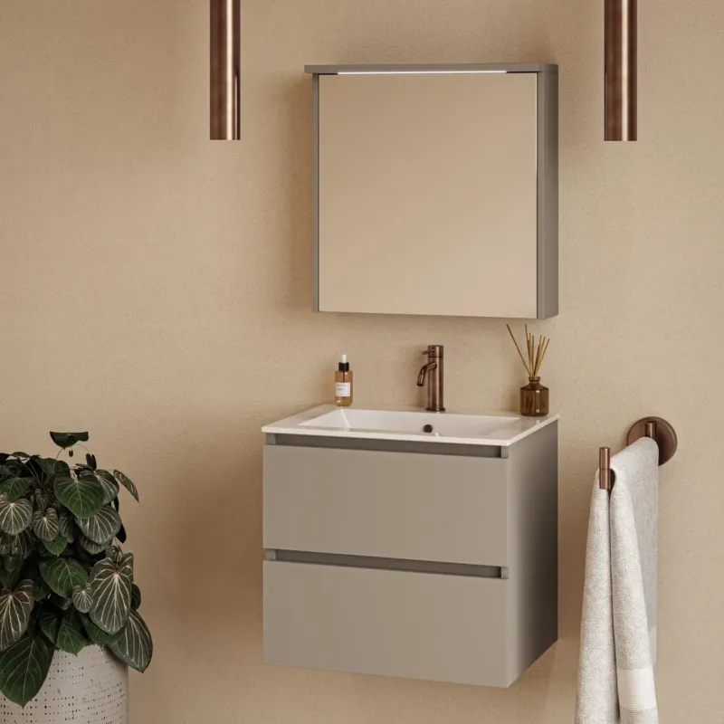Tijdelijk Beschikbaar Fontana Rovigo badmeubel 60cm taupe met witte wastafel met kraangat en spiegelkast met verlichting