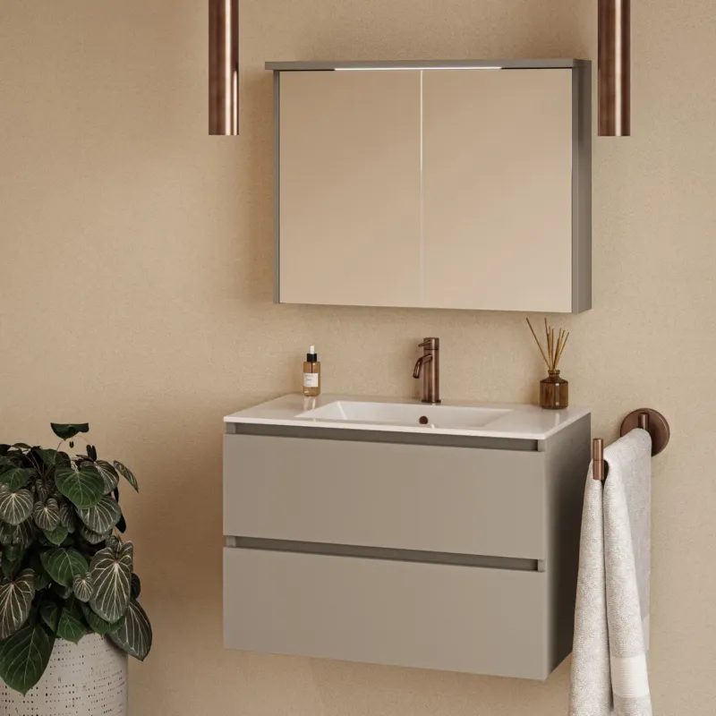 Exclusieve Aanbieding Fontana Rovigo badmeubel 80cm taupe met witte wastafel met kraangat en spiegelkast met verlichting