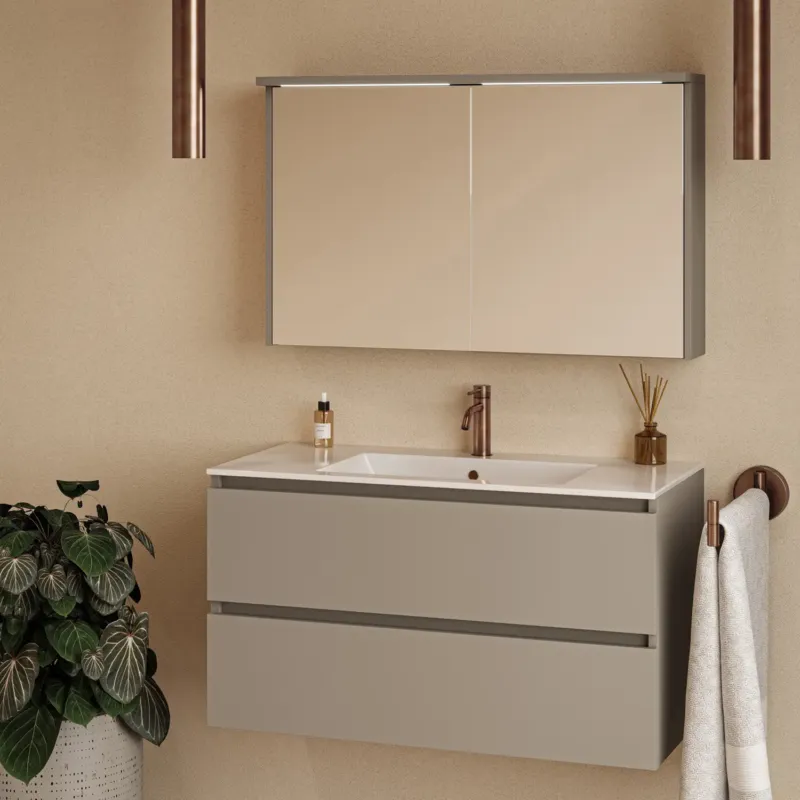 Favoriet Fontana Rovigo badmeubel 100cm taupe met witte wastafel met kraangat en spiegelkast met verlichting