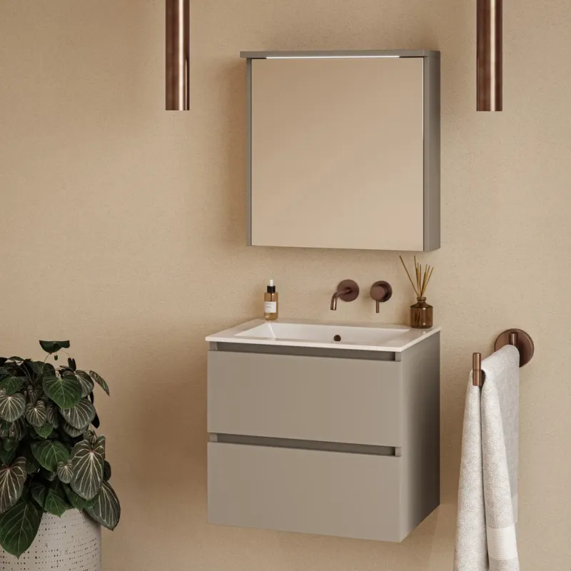 Fontana Rovigo badmeubel 60cm taupe met witte wastafel zonder kraangat en spiegelkast met verlichting Finale Uitverkoop