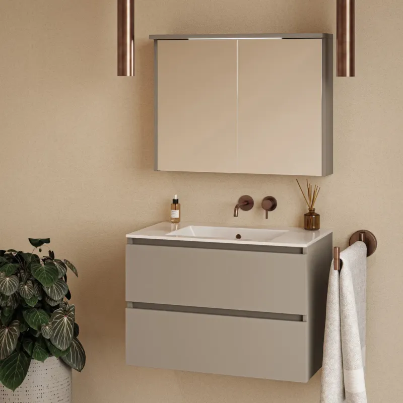 Laatste Kans Fontana Rovigo badmeubel 80cm taupe met witte wastafel zonder kraangat en spiegelkast met verlichting