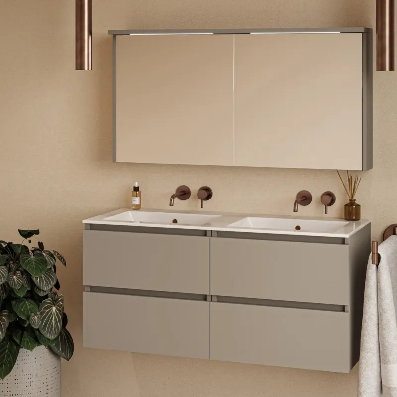 Nieuw Fontana Rovigo badmeubel 120cm taupe met witte wastafel zonder kraangaten en spiegelkast met verlichting
