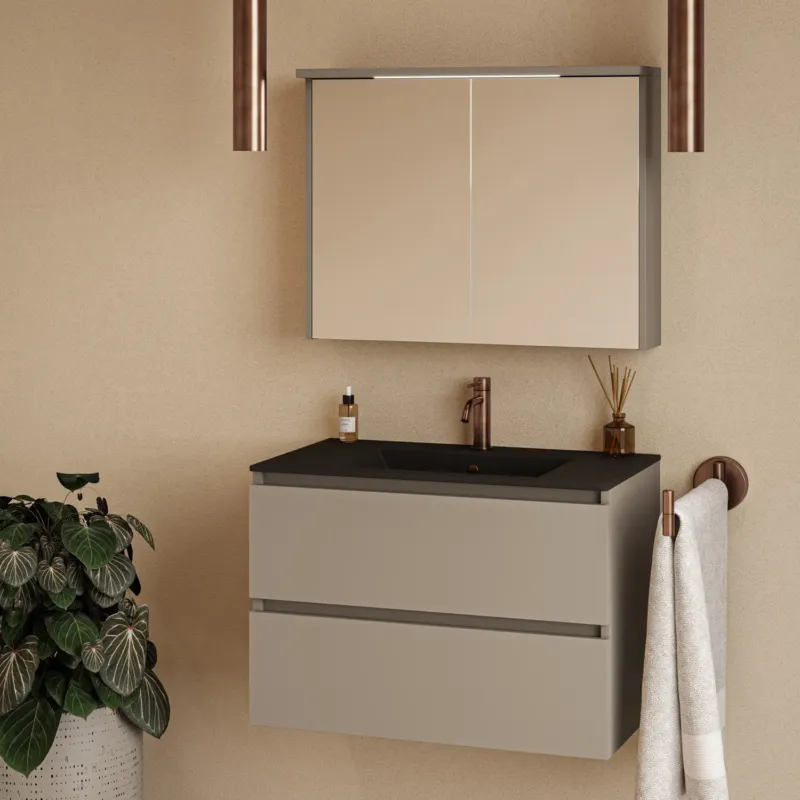 Fontana Rovigo badmeubel 80cm taupe met zwarte wastafel met kraangat en spiegelkast met verlichting Bestel Nu