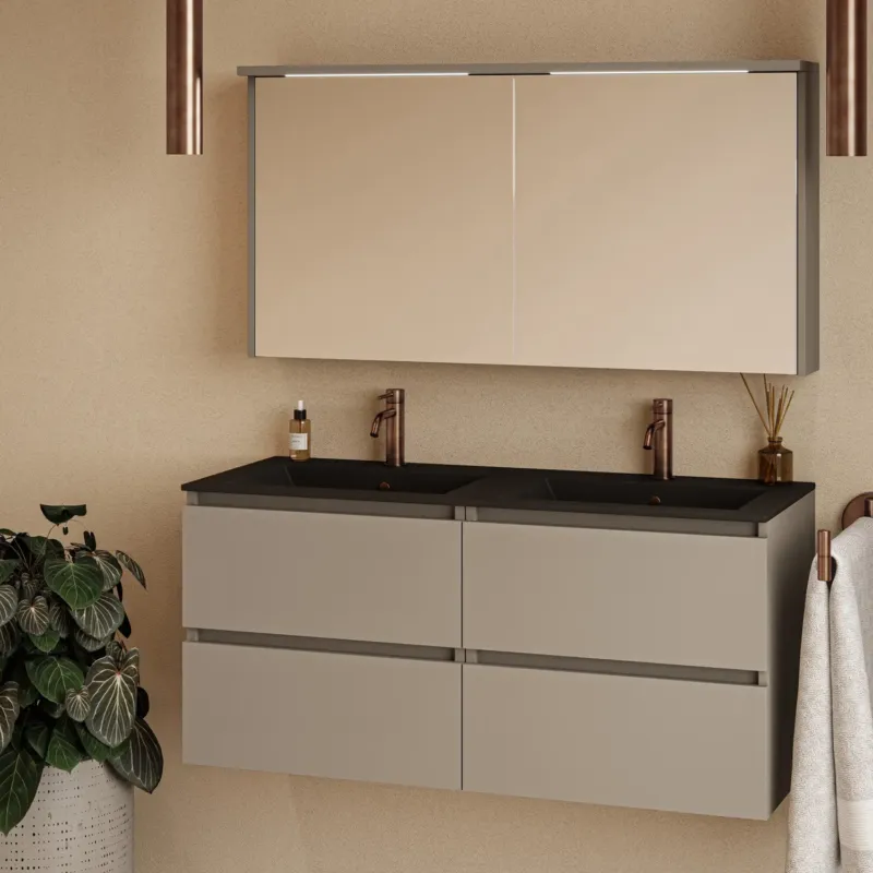 Favoriet Fontana Rovigo badmeubel 120cm taupe met zwarte wastafel met kraangaten en spiegelkast met verlichting