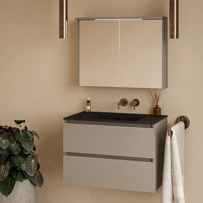 Fontana Rovigo badmeubel 80cm taupe met zwarte wastafel zonder kraangat en spiegelkast met verlichting Laatste Versie