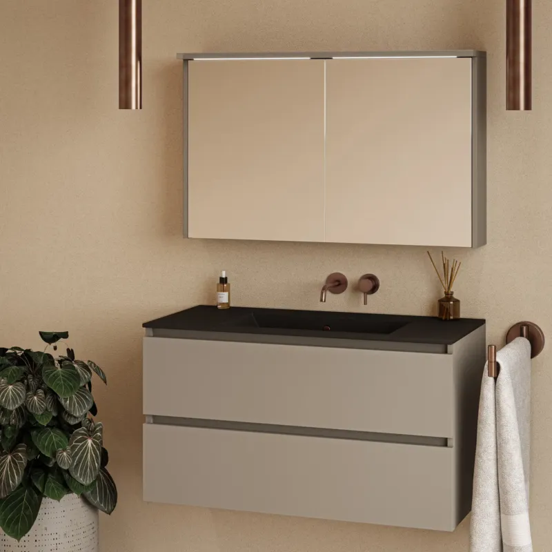 Tijdelijk Beschikbaar Fontana Rovigo badmeubel 100cm taupe met zwarte wastafel zonder kraangat en spiegelkast met verlichting