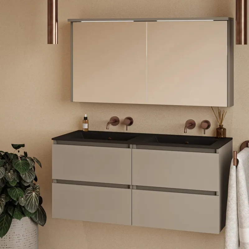 Weekendaanbieding Fontana Rovigo badmeubel 120cm taupe met zwarte wastafel zonder kraangaten en spiegelkast met verlichting